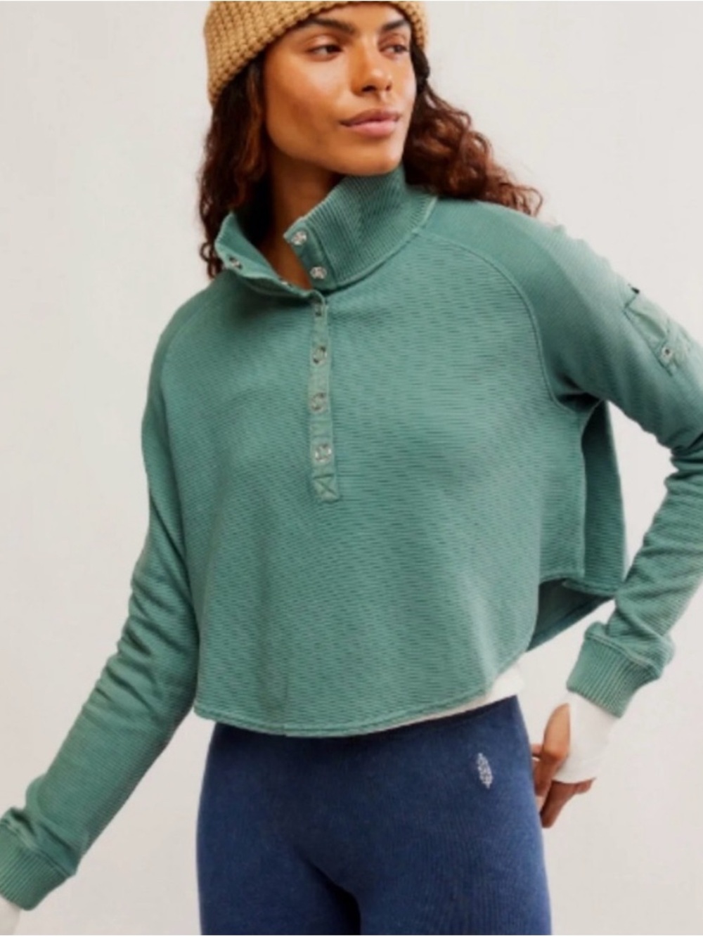 Free People Movement Dark Teal Ribbed Button-Neck Sweater - Picture 4 of 5